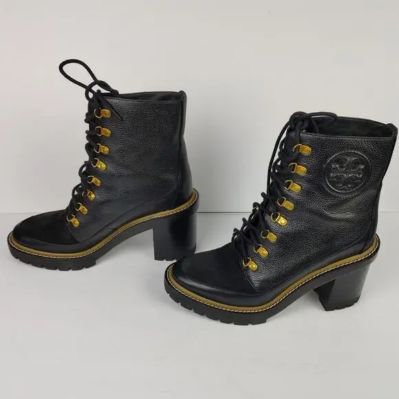 Tory Burch Miller 95mm Lug Sole Lace Up Bootie Black Hiking Boot Size 9.5 - Picture 2 of 14
